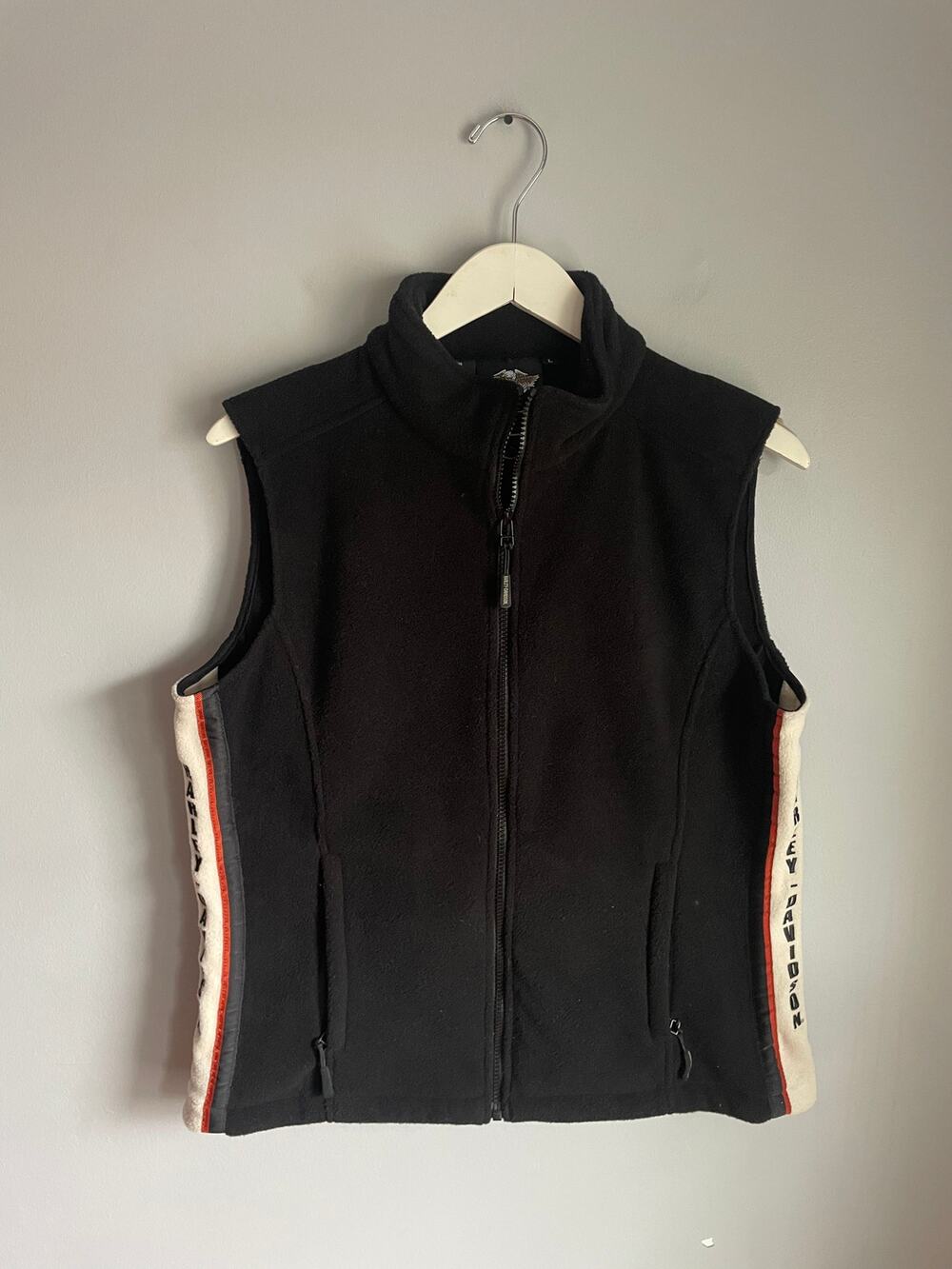 Harley Davidson Black Fleece Vest Full Zip Side Stripe Logo Size L Fall Layer